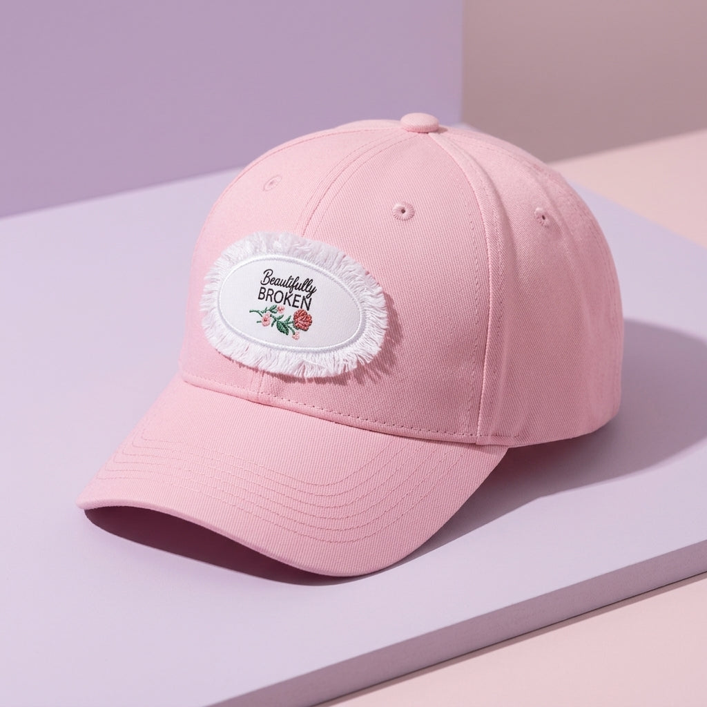 Studio photo of the Beautifully Broken Pink Baseball Hat with Patch