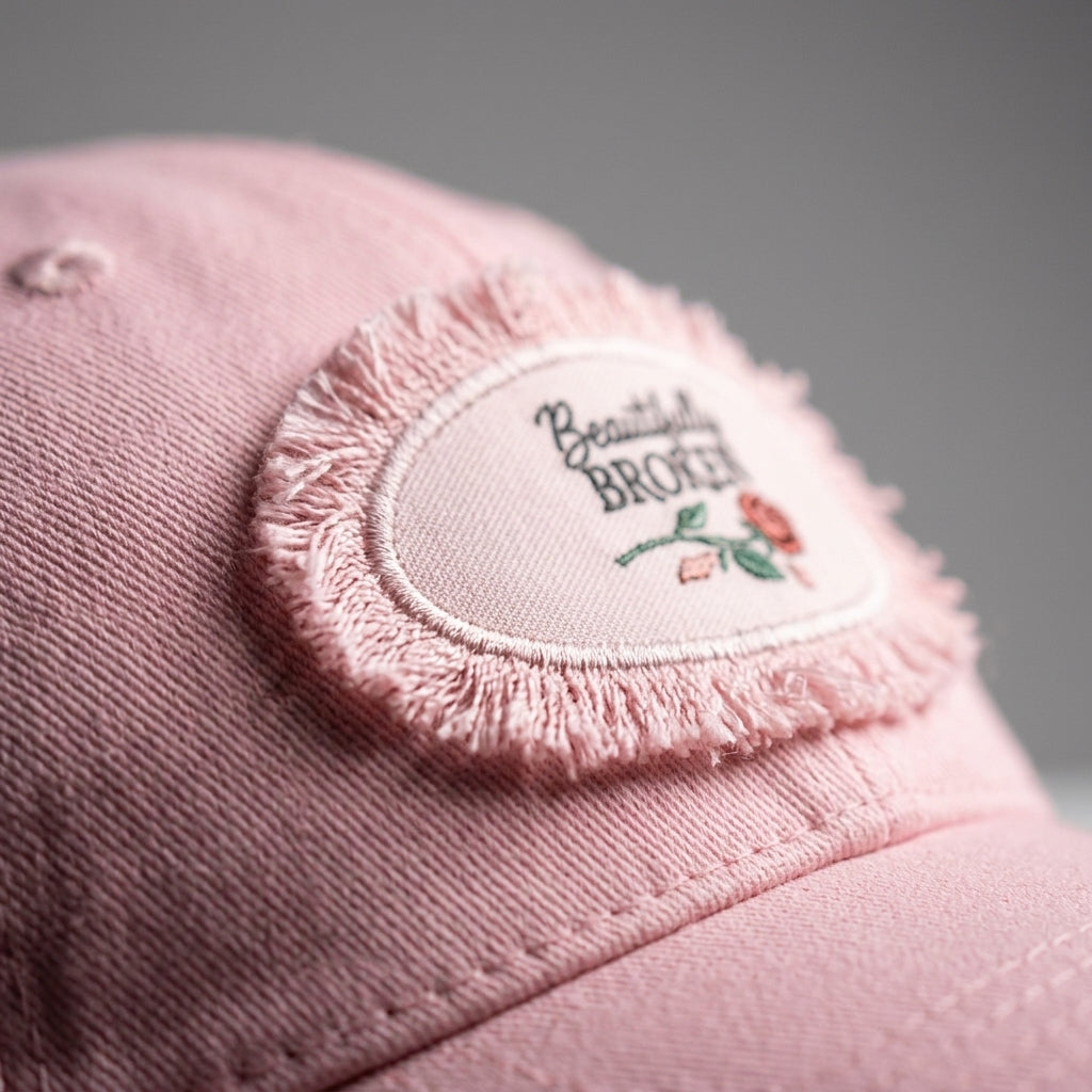 Close-up detail of the frayed embroidery on the Beautifully Broken Pink Baseball Hat with Patch
